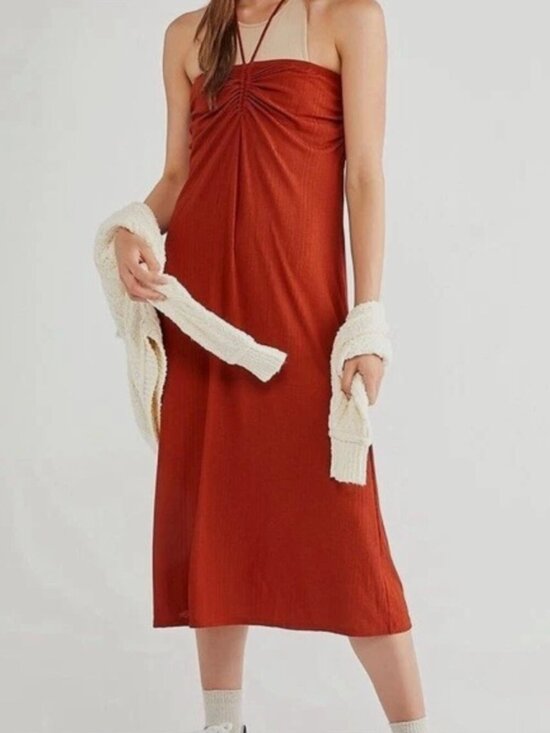 FP Beach Dresses & Skirts - Free People Beach Addison Halter Dress Midi Womens Large Sparkling Cider Flowy